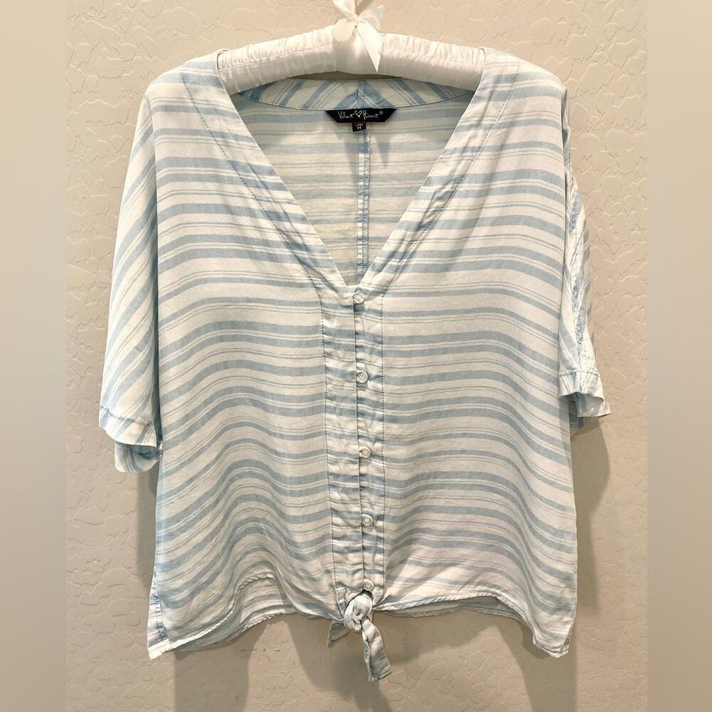 Velvet Heart Blue White Stripe Tencel Tie Front Button Blouse Medium Casual